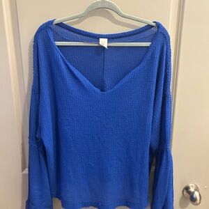 Free People Bright Blue Waffle V-Neck Pullover